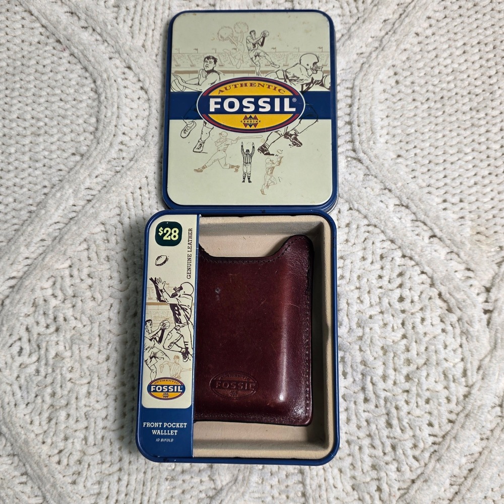Fossil Front Pocket Wallet Burgundy Leather Money Clip Mens w/ Metal Case